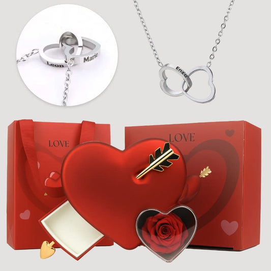 Ewige Amor-Rosenbox mit gravierter Doppelherz-Halskette