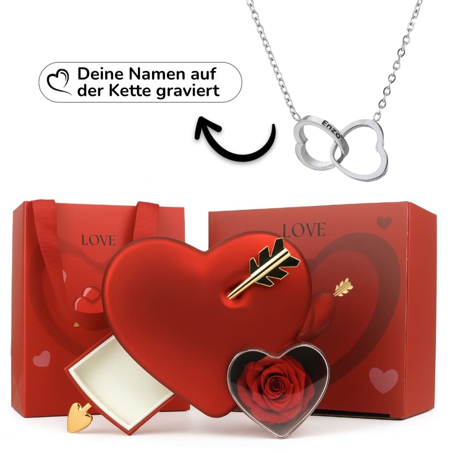 Ewige Amor-Rosenbox mit gravierter Doppelherz-Halskette