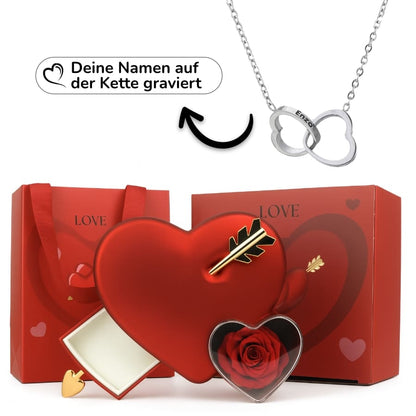 Ewige Amor-Rosenbox mit gravierter Doppelherz-Halskette