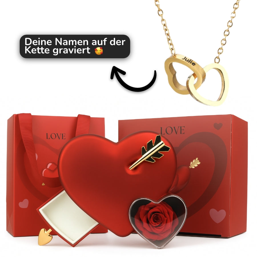 Rosenbox mit Doppelherz Gravur in 14k Weißgold / 18k Gelbgold Veredelung