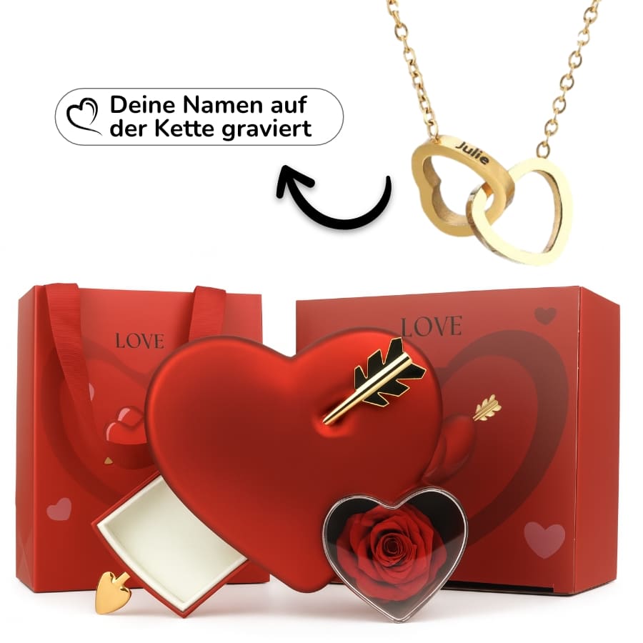Ewige Amor-Rosenbox mit gravierter Doppelherz-Halskette