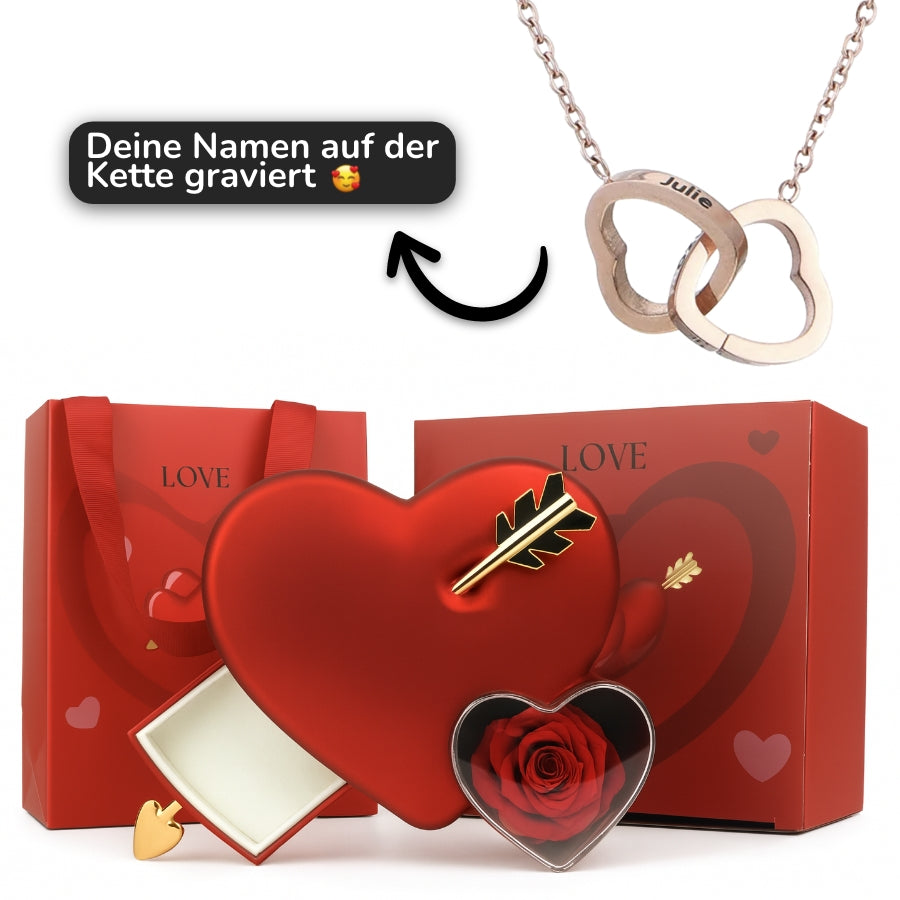 Rosenbox mit Doppelherz Gravur in 14k Weißgold / 18k Gelbgold Veredelung