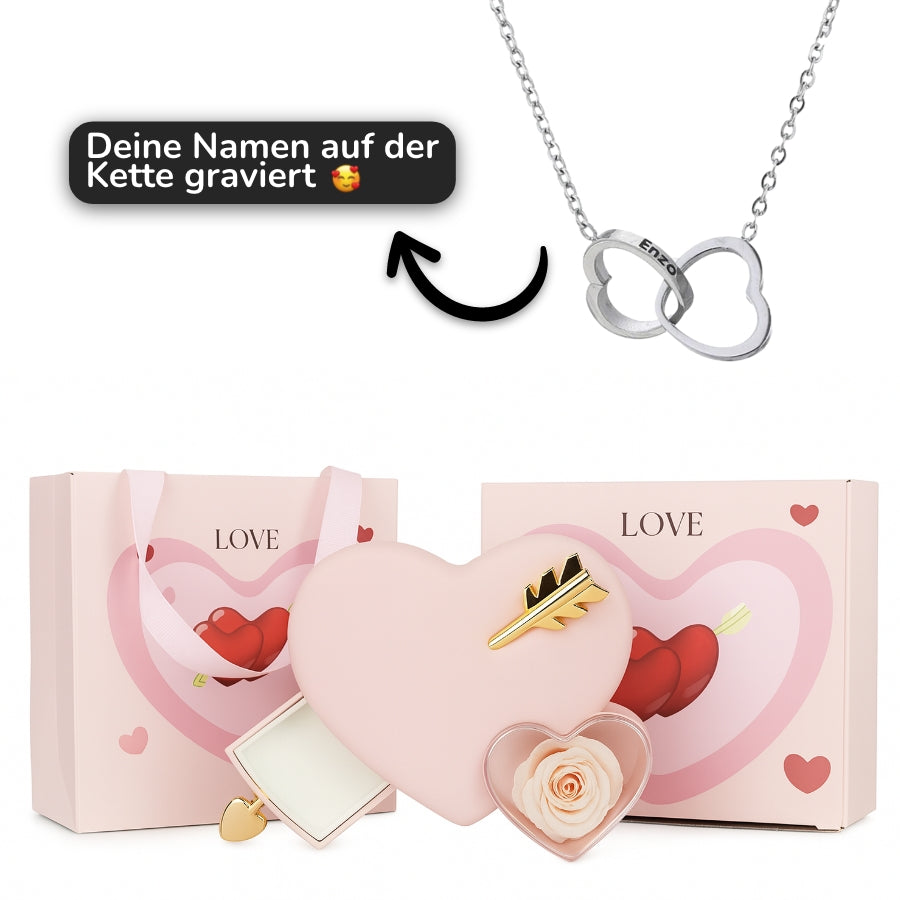 Rosenbox mit Doppelherz Gravur in 14k Weißgold / 18k Gelbgold Veredelung