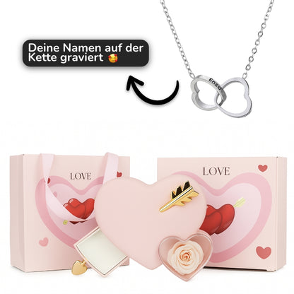Rosenbox mit Doppelherz Gravur in 14k Weißgold / 18k Gelbgold Veredelung