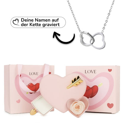 Ewige Amor-Rosenbox mit gravierter Doppelherz-Halskette