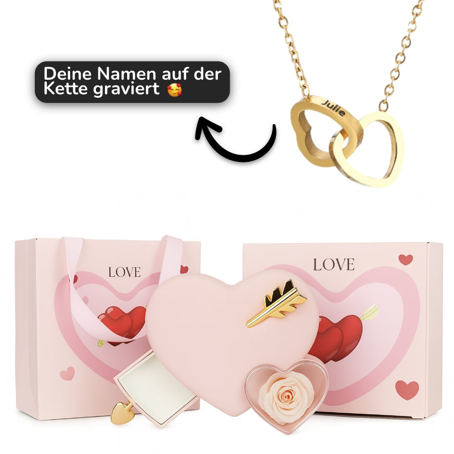 Rosenbox mit Doppelherz Gravur in 14k Weißgold / 18k Gelbgold Veredelung