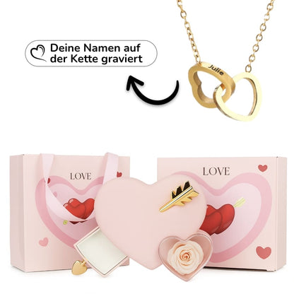 Ewige Amor-Rosenbox mit gravierter Doppelherz-Halskette
