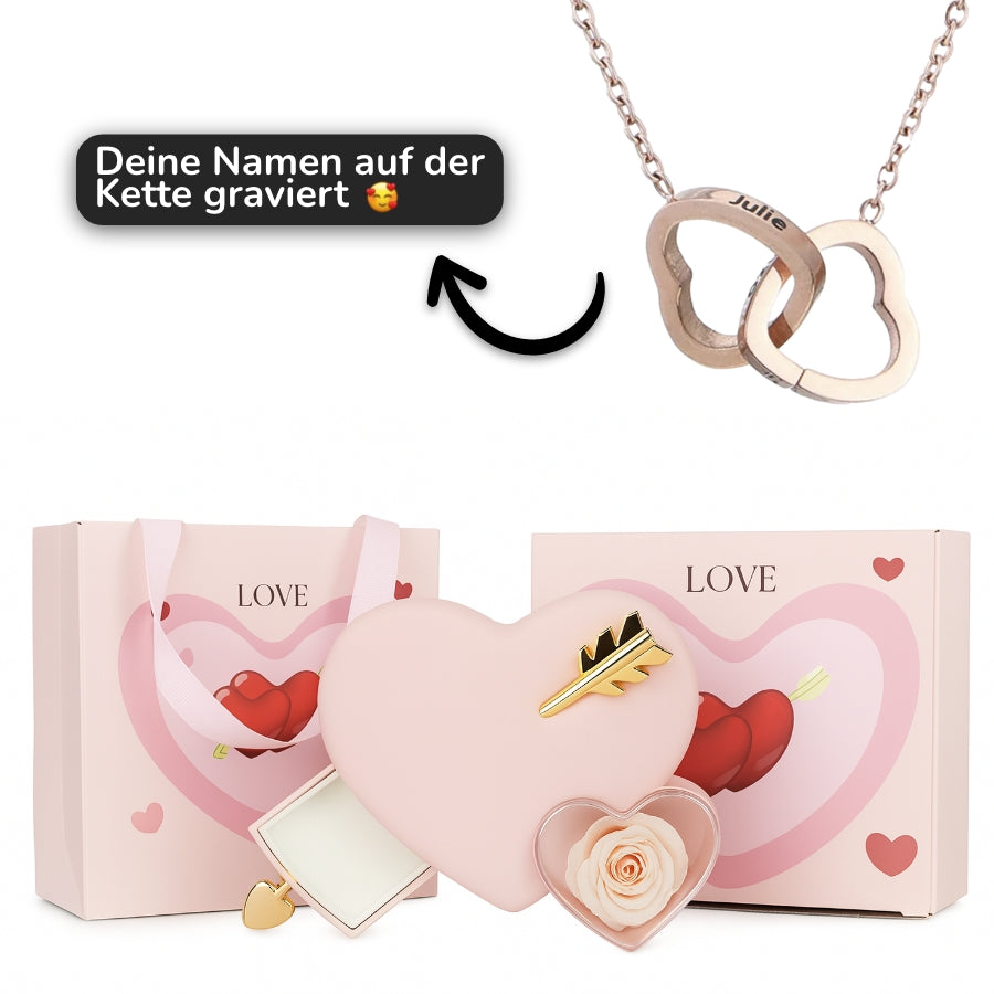 Rosenbox mit Doppelherz Gravur in 14k Weißgold / 18k Gelbgold Veredelung