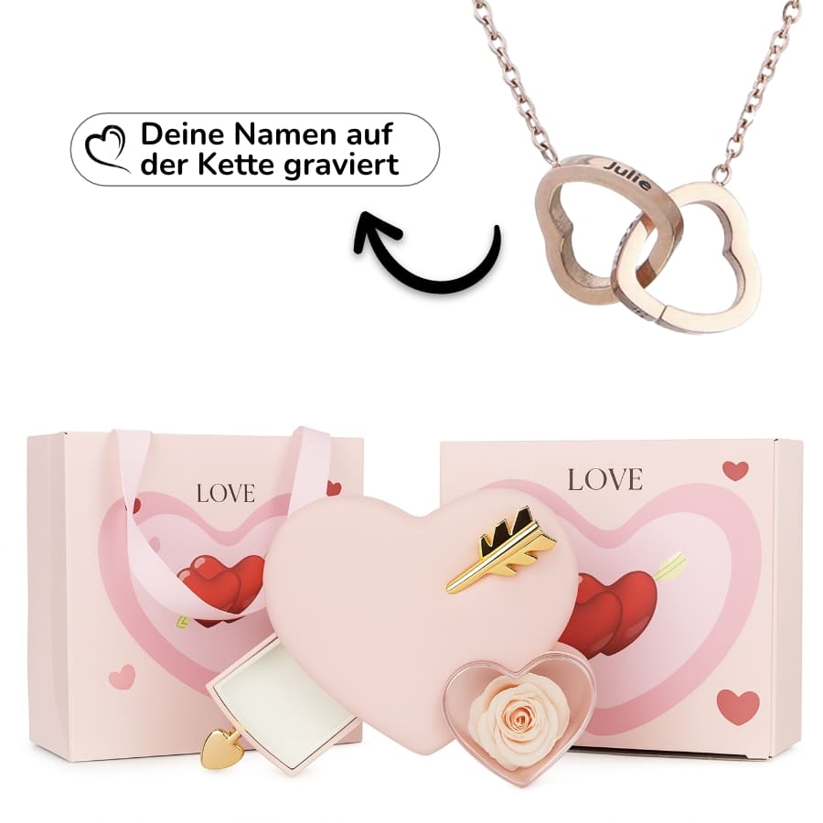 Ewige Amor-Rosenbox mit gravierter Doppelherz-Halskette