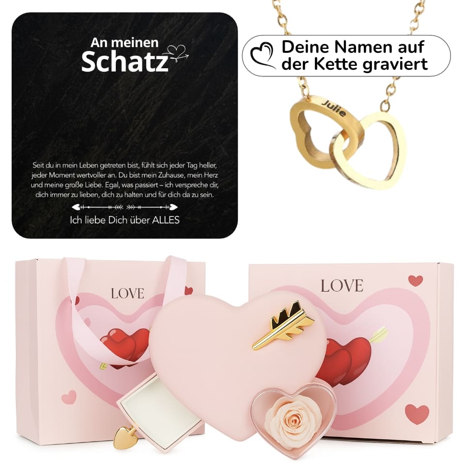 Ewige Amor-Rosenbox mit gravierter Doppelherz-Halskette & liebevollen Notiz