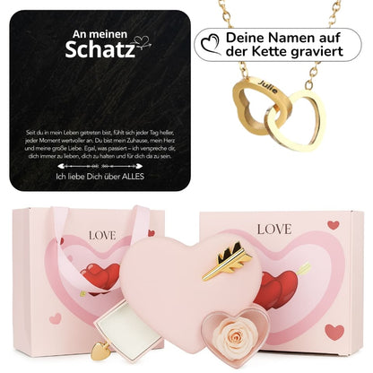 Ewige Amor-Rosenbox mit gravierter Doppelherz-Halskette & liebevollen Notiz