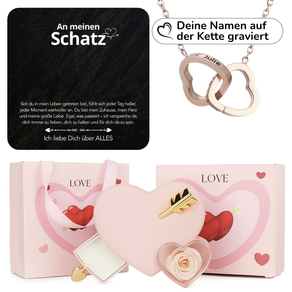 Ewige Amor-Rosenbox mit gravierter Doppelherz-Halskette & liebevollen Notiz