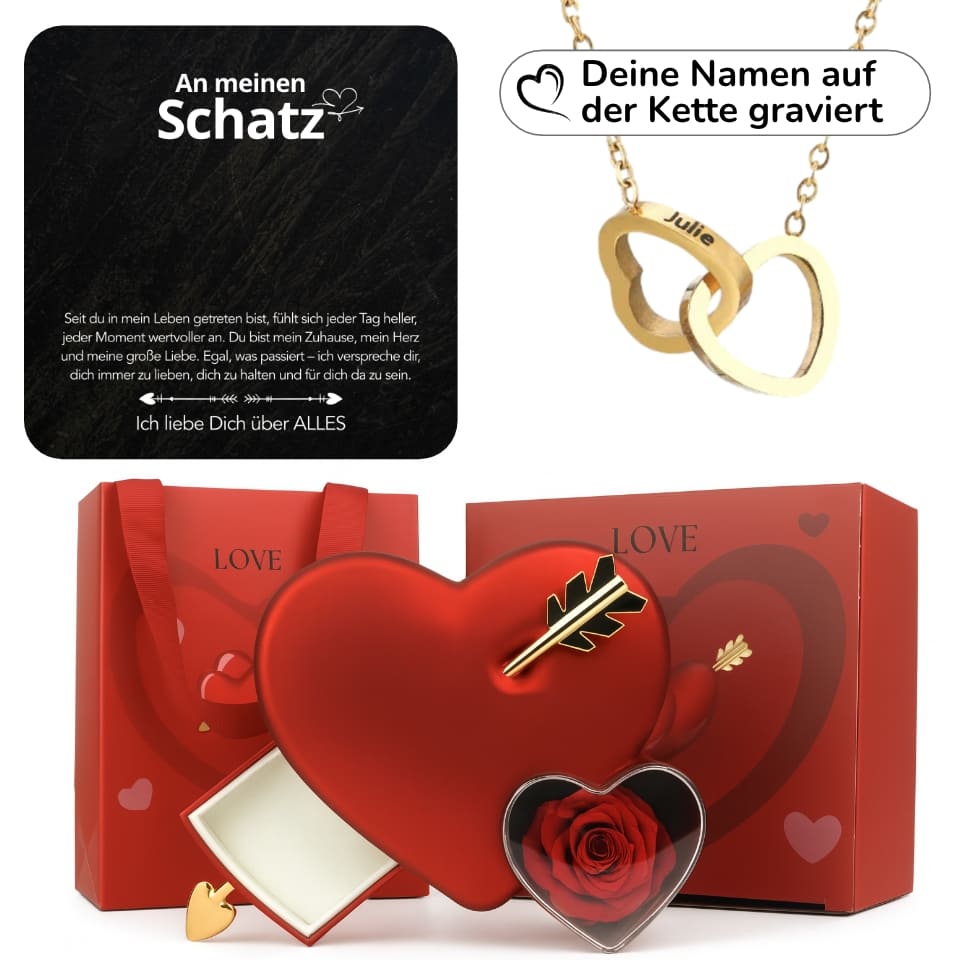 Ewige Amor-Rosenbox mit gravierter Doppelherz-Halskette & liebevollen Notiz