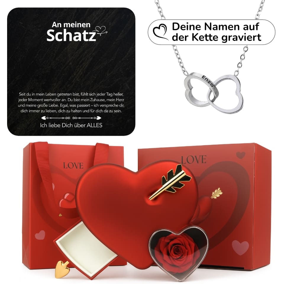 Ewige Amor-Rosenbox mit gravierter Doppelherz-Halskette & liebevollen Notiz