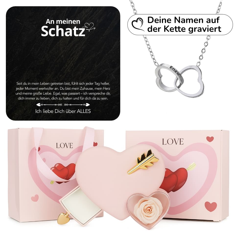 Ewige Amor-Rosenbox mit gravierter Doppelherz-Halskette & liebevollen Notiz