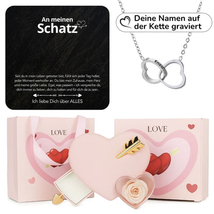 Ewige Amor-Rosenbox mit gravierter Doppelherz-Halskette & liebevollen Notiz