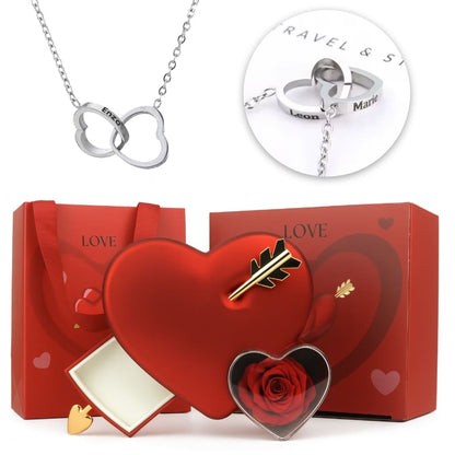 Ewige Amor Rosenbox - Mit 14k Weißgold Doppelherz Halskette