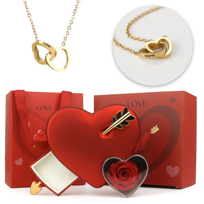 Ewige Amor Rosenbox - Mit 14k Weißgold Doppelherz Halskette