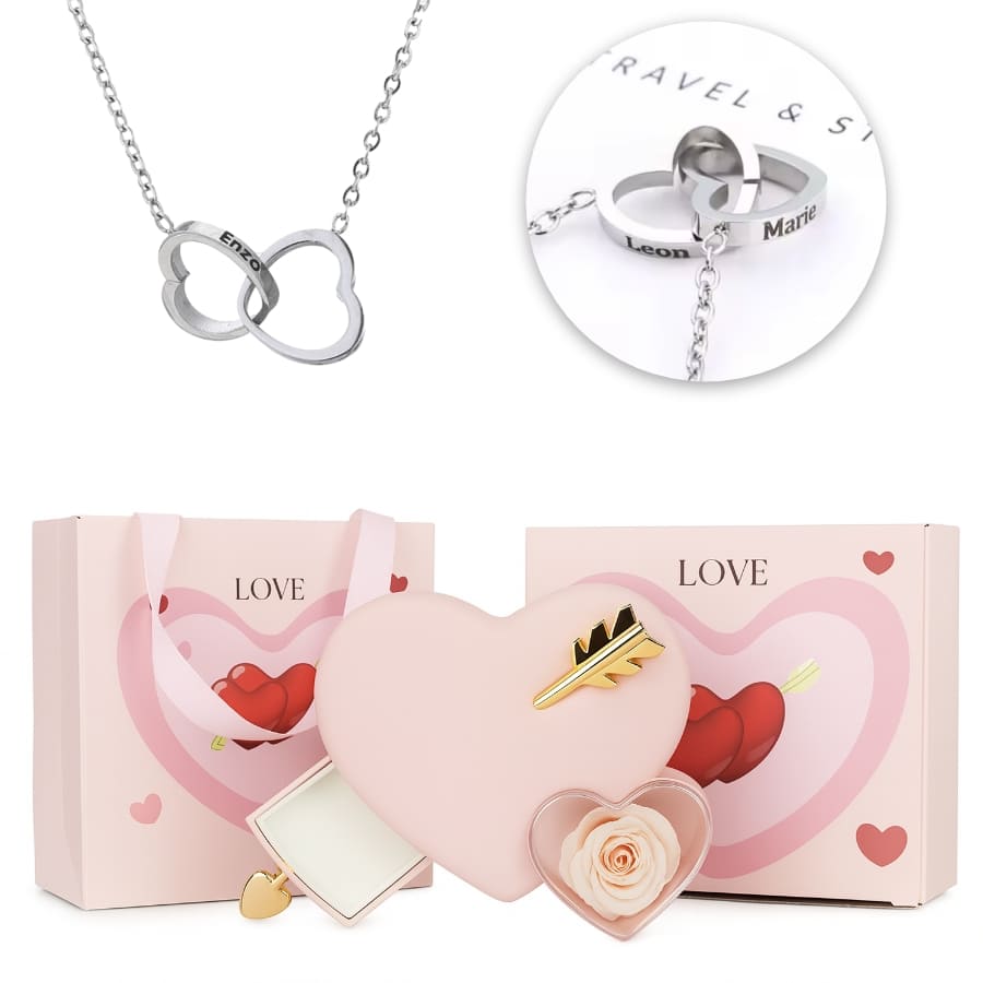 Ewige Amor Rosenbox - Mit 14k Weißgold Doppelherz Halskette