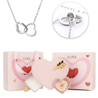Ewige Amor Rosenbox - Mit 14k Weißgold Doppelherz Halskette