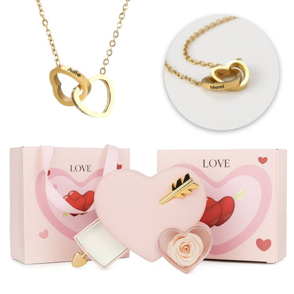 Ewige Amor Rosenbox - Mit 14k Weißgold Doppelherz Halskette