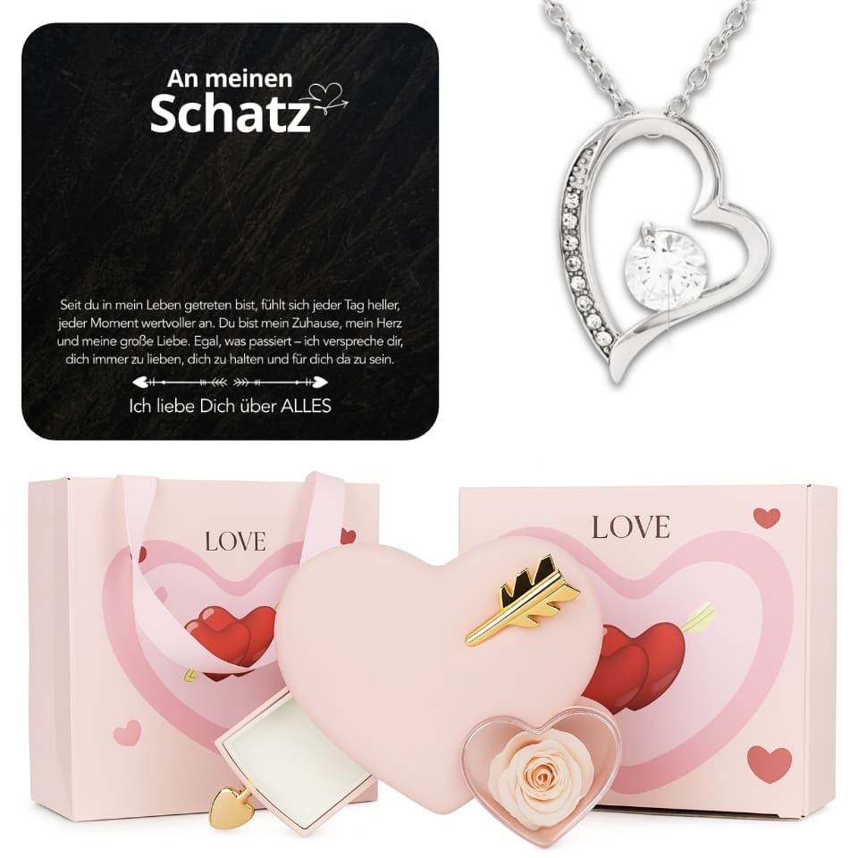 Ewige Amor-Rosenbox – Herzanhänger & liebevollen Notiz