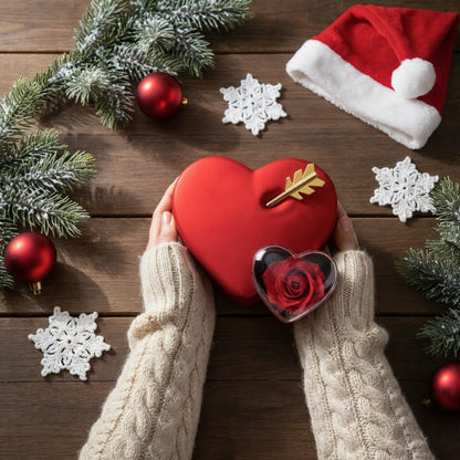 Ewige Amor-Rosenbox mit gravierter Doppelherz-Halskette