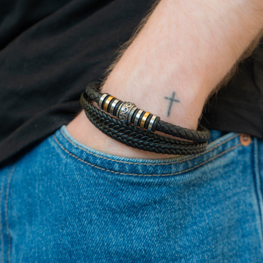 An meinen Sohn - Geflochtenes Edelstahl Lederarmband & Botschaft