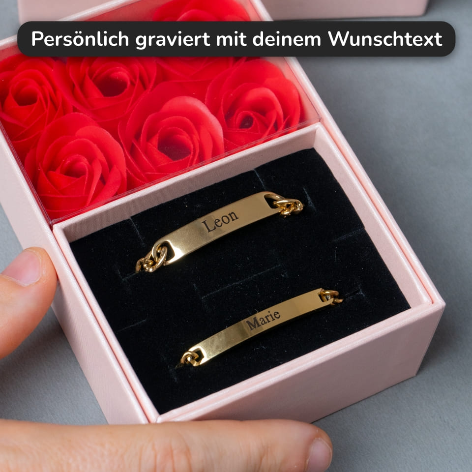 Graviertes Armband-Set für Paare – Mit ewiger Rosenbox