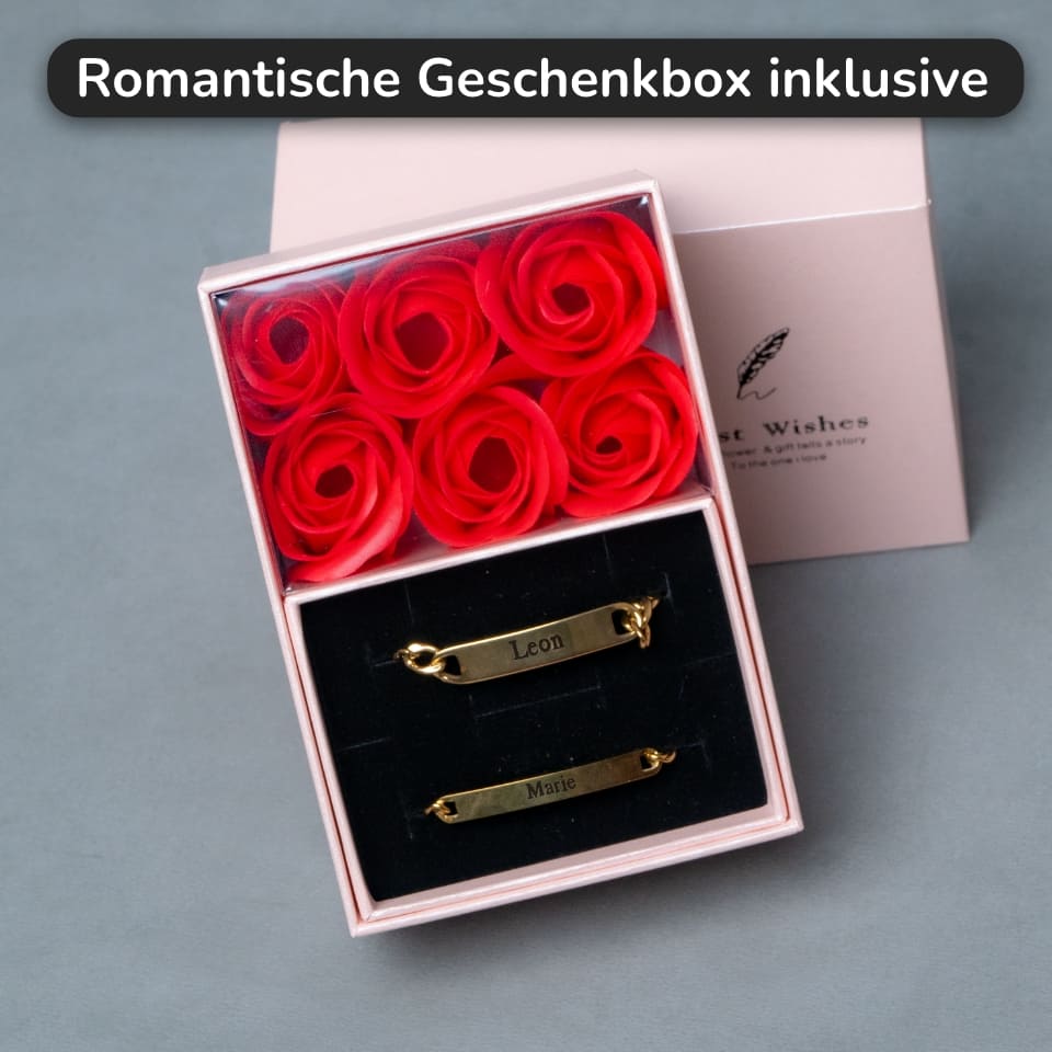 Graviertes Armband-Set für Paare – Mit ewiger Rosenbox