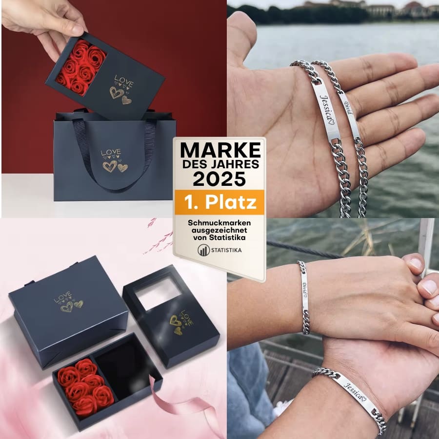 Graviertes Armband-Set für Paare – Mit ewiger Rosenbox