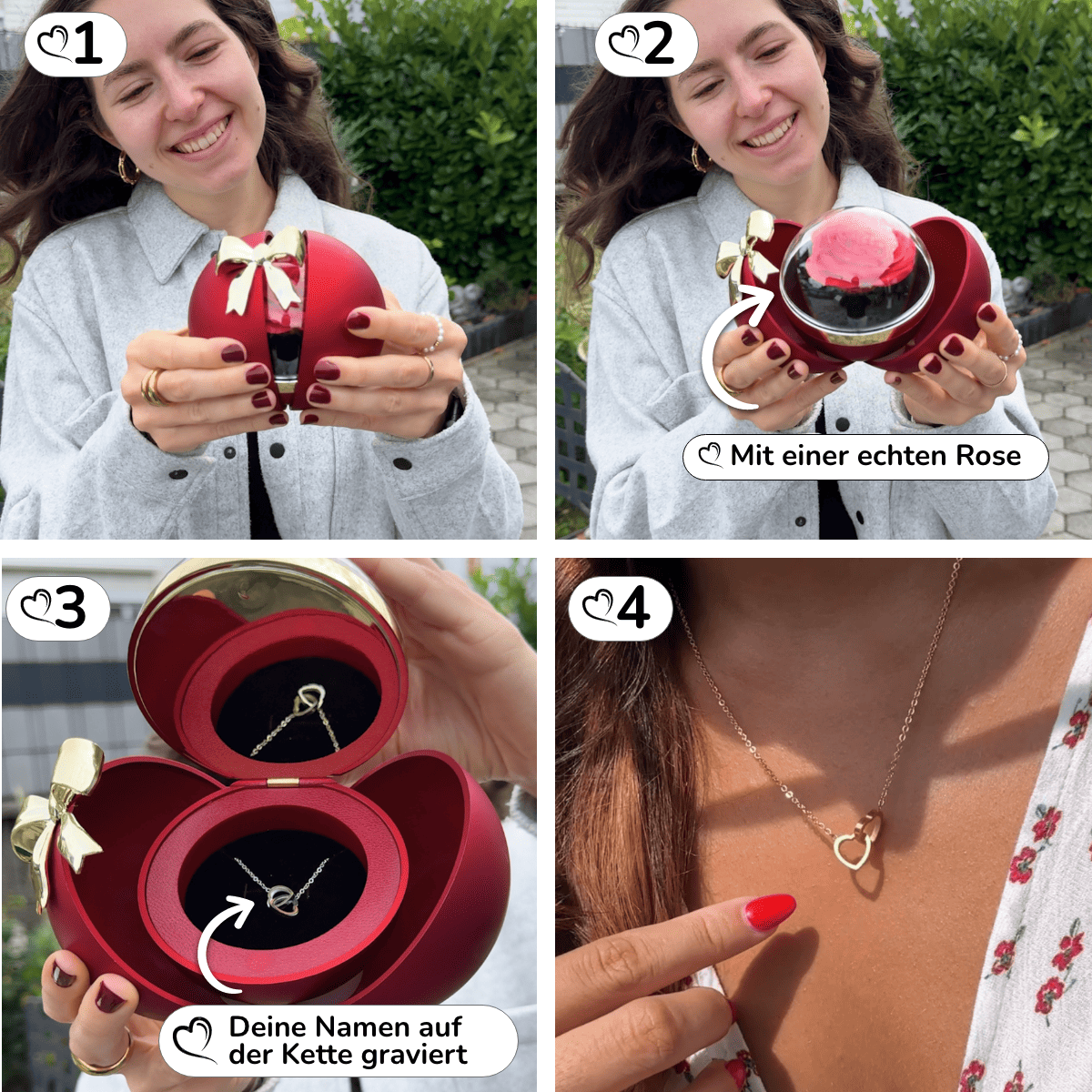 Ewige Rose in Kugelbox – Doppelherz-Halskette mit persönlicher Gravur