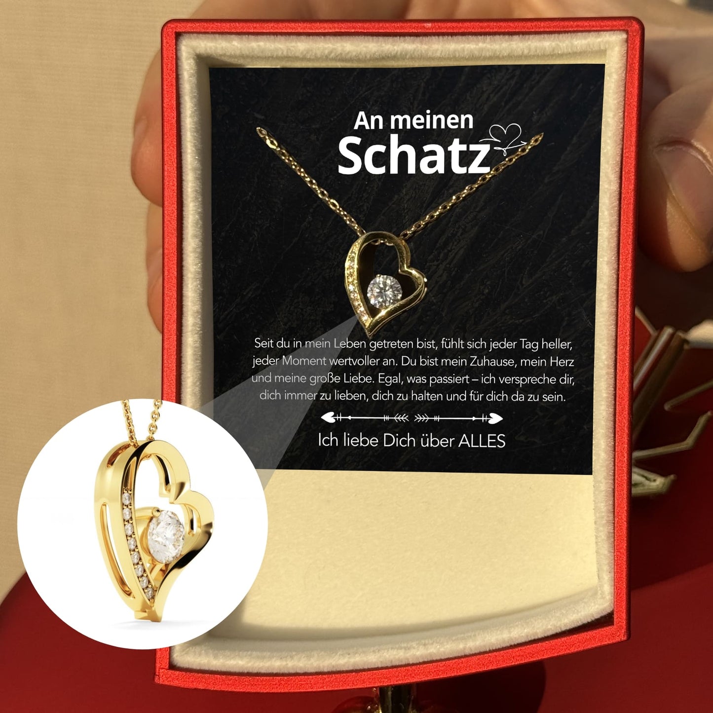 Ewige Amor-Rosenbox – Herzanhänger & liebevollen Notiz