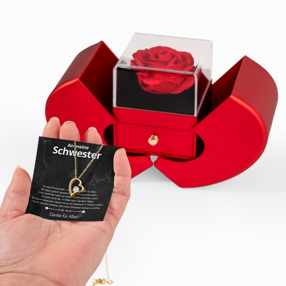 An meine Schwester - Ewige Rosenschatulle mit Herz-Halskette & liebevoller Karte