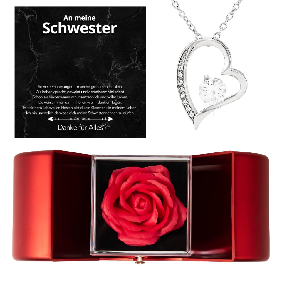An meine Schwester - Ewige Rosenschatulle mit Herz-Halskette & liebevoller Karte