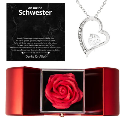 An meine Schwester - Ewige Rosenschatulle mit Herz-Halskette & liebevoller Karte