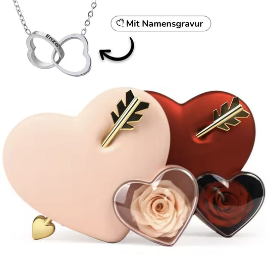 Ewige Amor-Rosenbox mit gravierter Doppelherz-Halskette