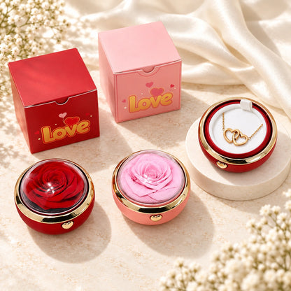Rote und rosa Kuppel-Rosenbox mit Geschenkverpackung und goldener Doppelherz-Halskette