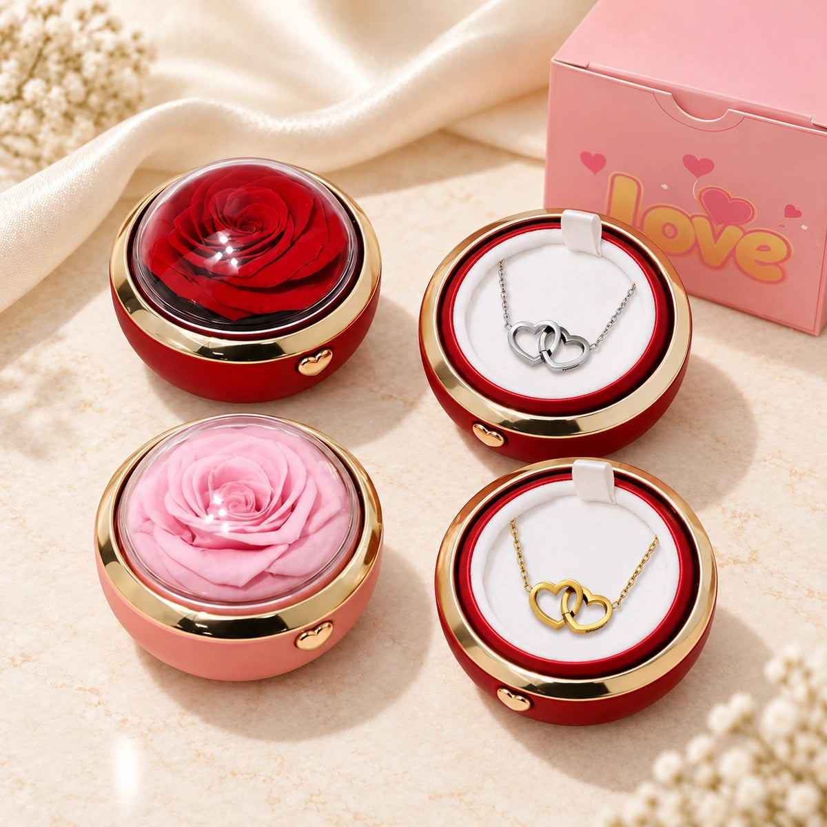 Kuppel-Rosenbox in Rot und Rosa mit Doppelherz-Halskette in Silber und Gold, Geschenkansicht