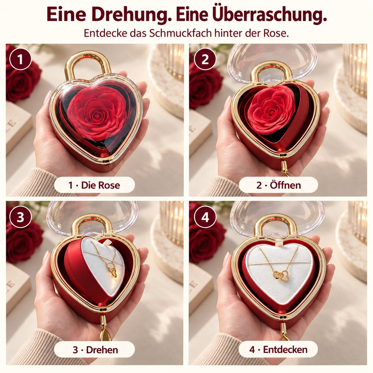 Drehmechanik der Herzschloss-Rosenbox: Rose oben, Schmuckfach mit Halskette darunter