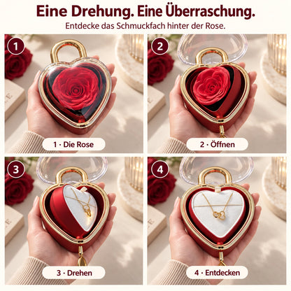 Drehmechanik der Herzschloss-Rosenbox: Rose oben, Schmuckfach mit Halskette darunter