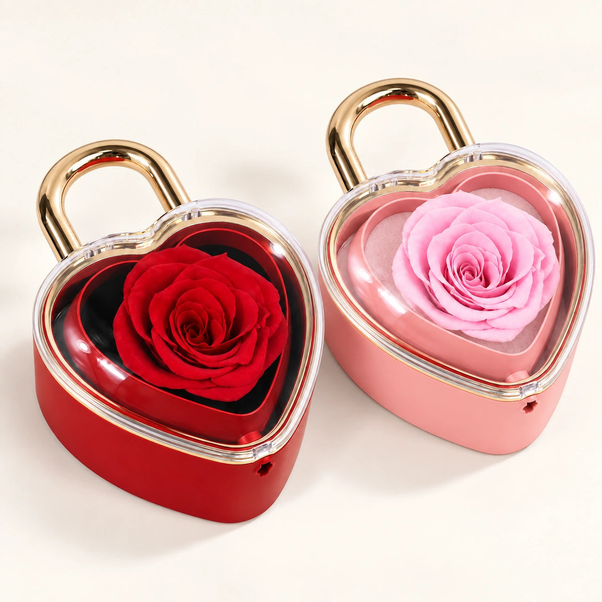 Herzschloss-Rosenbox in Rot und Rosa nebeneinander