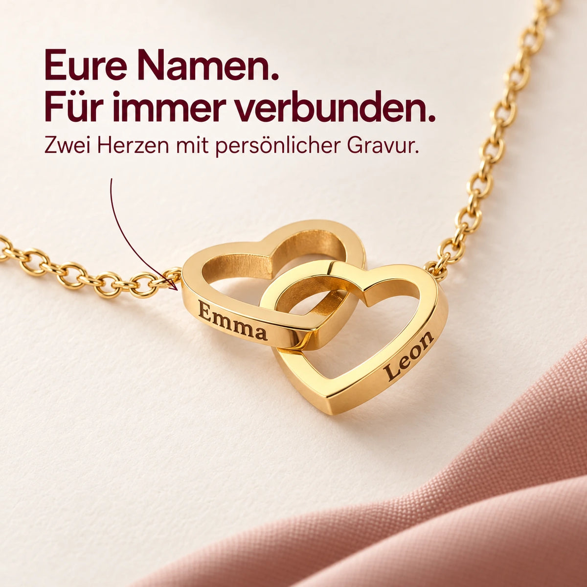 Doppelherz-Halskette mit Namensgravur Emma und Leon