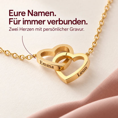 Doppelherz-Halskette mit Namensgravur Emma und Leon