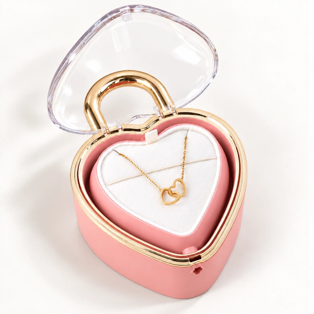 Rosa Herzschloss-Rosenbox mit Doppelherz-Halskette in 18k Gelbgold