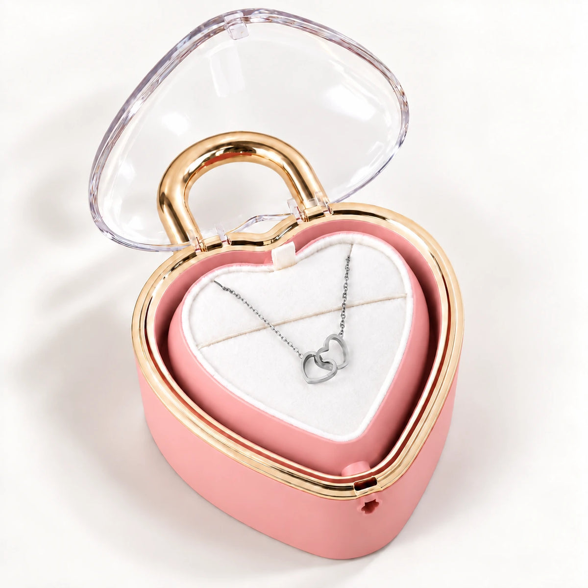 Rosa Herzschloss-Rosenbox mit Doppelherz-Halskette in 14k Weißgold
