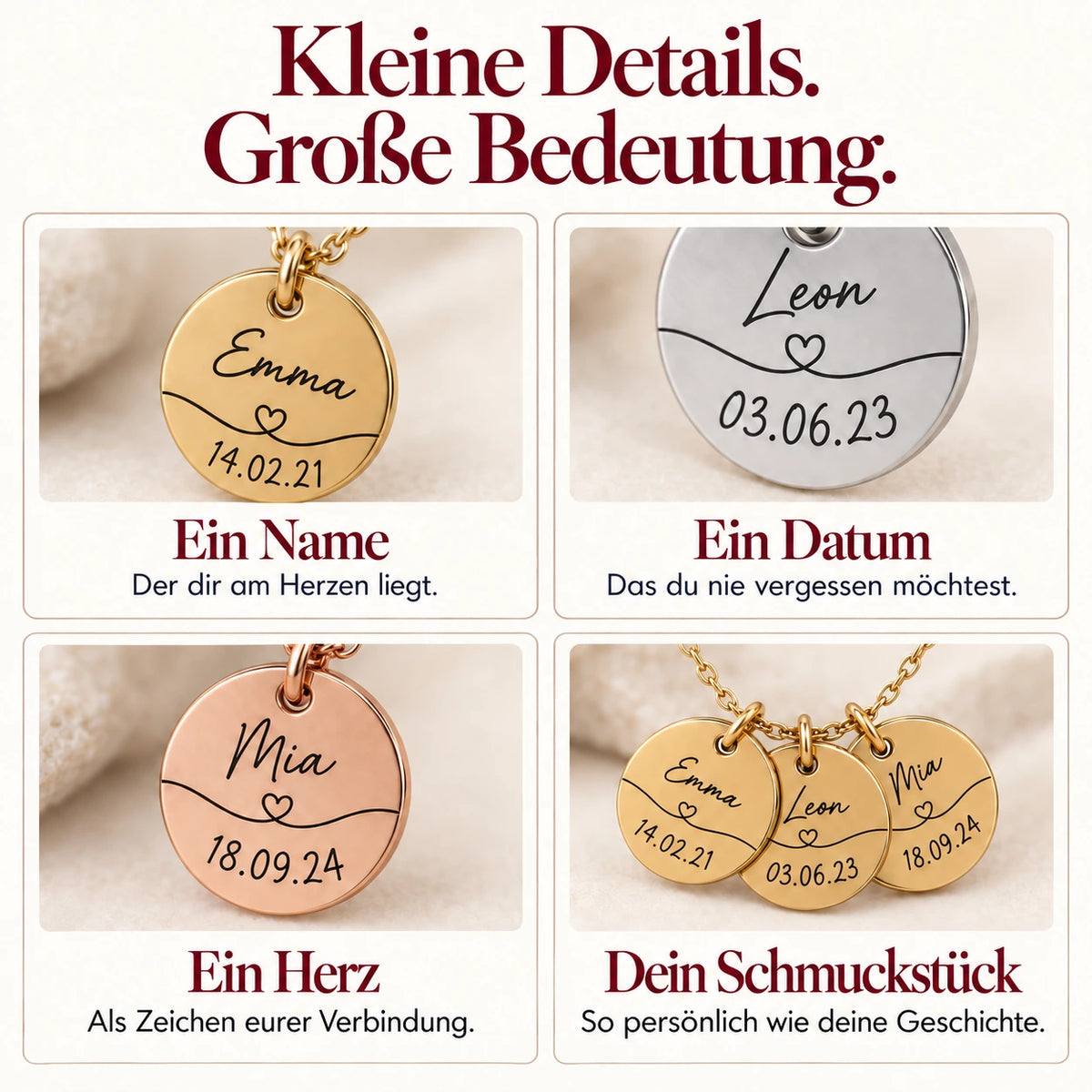 Persönliche Details: gravierte Plättchen mit Name und Datum im Detail