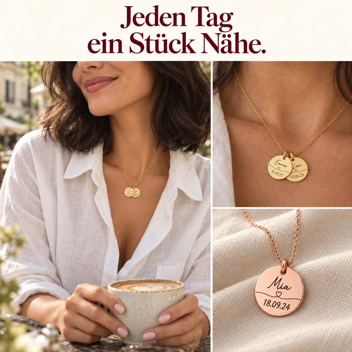 Jeden Tag bei dir: Halskette mit Name und Datum im Alltag getragen