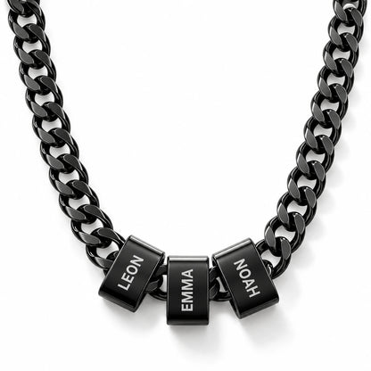 Schwarze Cuban Chain Halskette mit gravierten Beads, Freisteller