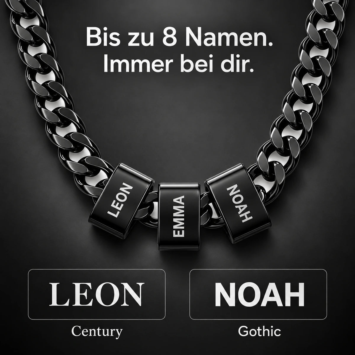 Personalisierung: bis zu 8 gravierte Beads für Namen oder Daten, Schriftarten Century und Gothic im Vergleich